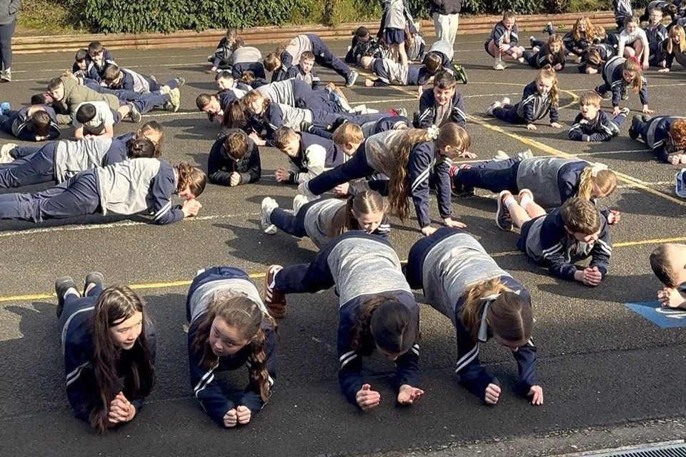 A fitness session with students from Sacred Heart NS in Aughrim who have qualified for the Leinster final of the Ireland's Fittest School competition.